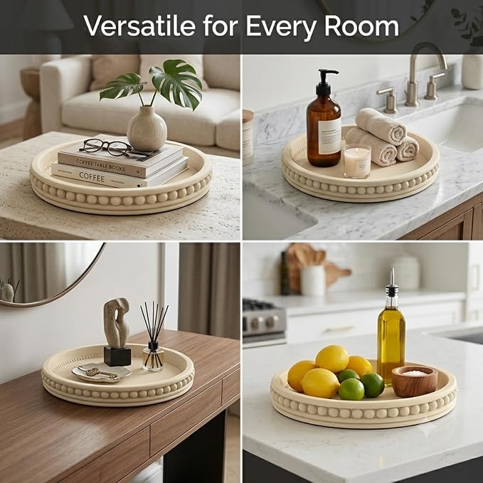 11" Round Concrete Decorative Centerpiece Tray for Coffee Table Beige | Modern minimalist centerpiece tray for coffee table, living room, dining & office storage display, sturdy tabletop home decor