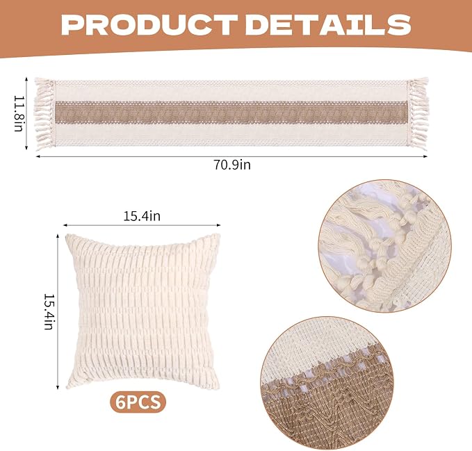 Foxtell 5.9x7.5ft Extra Large Outdoor Boho Picnic Blanket with White Table Runner & 6 Pillow Covers, Machine Washable Picnic Blankets Outdoor Blanket for Summer Picnic Camp Beach Wedding