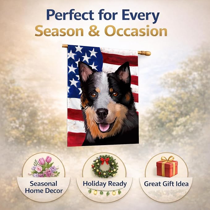 Caroline's Treasures CK6413CHF Australian Stumpy Tail Cattle Dog American Flag House Flag Large Porch Sleeve Pole Decorative Outside Yard Banner Artwork Wall Hanging, Polyester, House Size, Multicolor