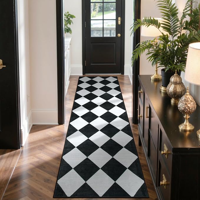 Beeiva Checkered Print Black Bathroom Runner Rug 2x6, Washable Ultra Thin Non Slip Laundry Room Rug Moroccan Stain Resistant Kitchen Runner, Modern Trellis Carpet for Hallway Bedroom Entryway Decor