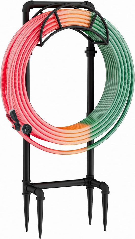 LAND·VOI Freestanding Garden Water Hose Storage Holder Stand for Outside, 160-Ft Hose Heavy Duty Metal Hanger Reel Organizer Outdoor Yard Lawn, Standing Keeper Rack with Ground Stake, Black GHH02B