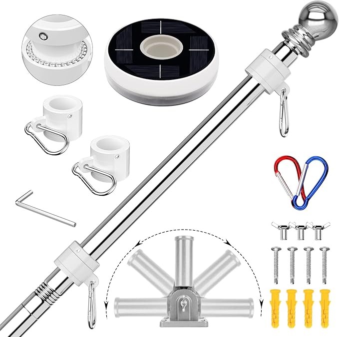 ZMTECH 6FT Flag Pole for Outside House with Solar Light | Tangle Free Stainless Steel USA Flag Pole Kit, 180° Adjustable Holder for Outside House Yard, Silver (No Flag Included)