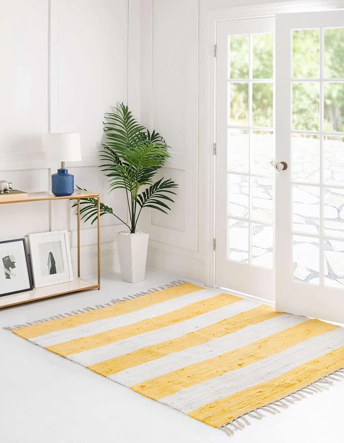 Unique Loom Chindi Rag Collection Area Rug - Striped (7' 10" Square, Yellow and Ivory)