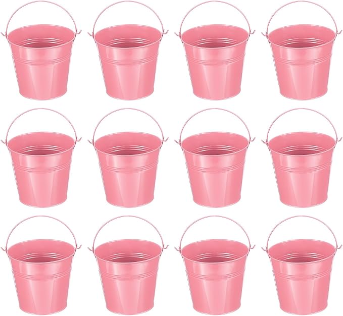 PATIKIL 5.1"x4.7" Small Metal Buckets with Handle, 12 Pcs Mini Galvanized Bucket Colorful Easter Buckets for Crafts Party Favors Decoration, Pink