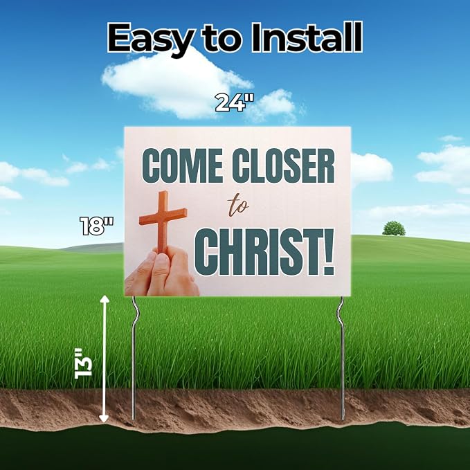 Come Closer to Christ! Yard Sign by DC | 24"x18" Double Sided Church Garden Sign with 13” Metal Stakes | Outdoor Signs Waterproof for Lawn, Patio, Sidewalk & House | Set of 5 | Made in USA