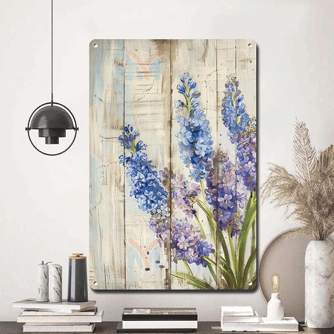 Metal Sign Tin Sign Vintage Wall Art Rustic Spring Hyacinths Tin Sign for Easy Installation Weather Resistant Design and Vintage Charm Tin Sign Gift for Bar 8×12 Inches