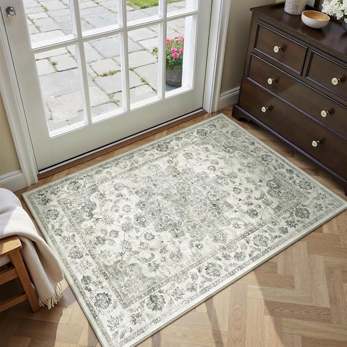 2x3 Green Neutral Area Rug | Washable, Non Slip, Soft Low Pile, Vintage Farmhouse, for Entryway Kitchen Bathroom Living Room Bedroom Indoor Home Decor