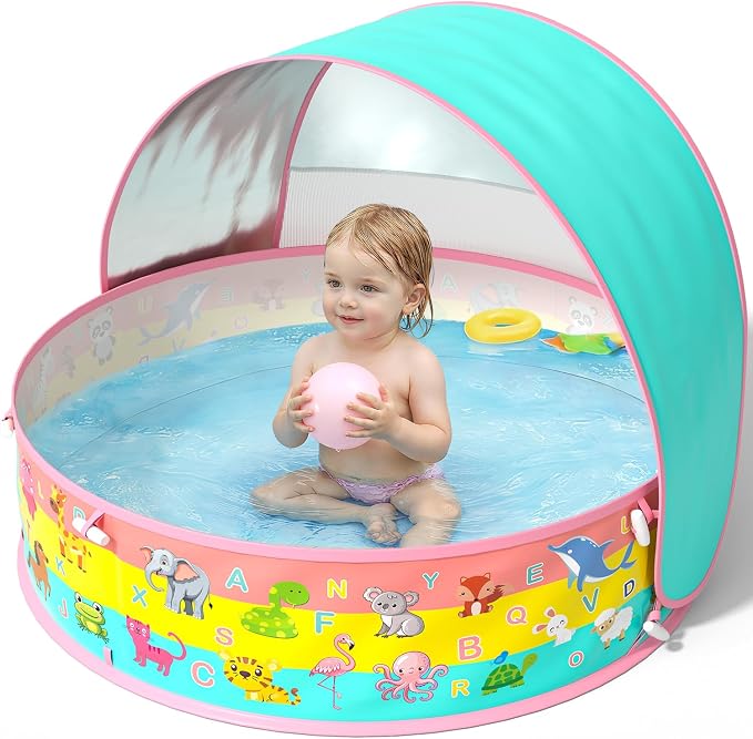 Baby Pool with Canopy, Foldable Kiddie Pool, Pop Up Toddler Pool with Shade-Collapsible Beach Pool for Baby, Portable Summer Water Play for Indoor Outdoor Backyard Beach