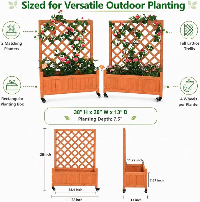 2 Pack Trellis Raised Garden Bed with Wheels, 38" Tall Wooden Planter Box with Trellis, Lattice Privacy Screen with Drainage Holes for Patio Balcony Garden