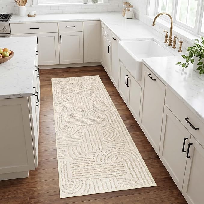 Etwel 2x6 Beige Modern Geometric Textured High-Low Pile Washable Runner Rug | Soft Carpet, Non-Slip PVC Backing, Low Profile, Kid and Pet Friendly, for Kitchen, Entryway, Hallway, Bedroom