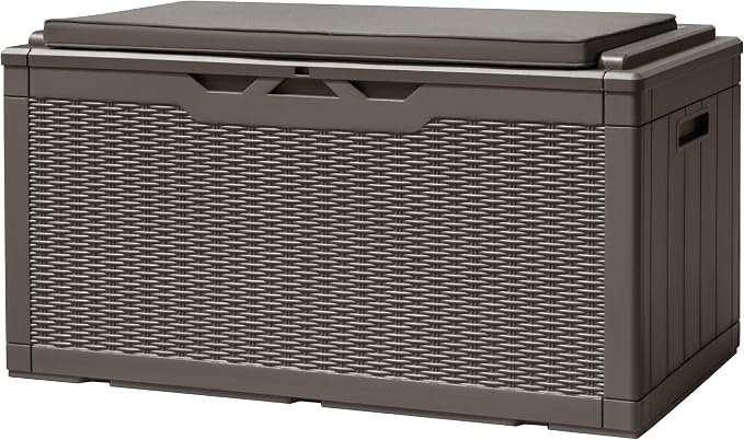 Devoko 100 Gallon Deck Box, Waterproof Resin Outdoor Storage Box with Cushion for Outside and Patio, Large Outdoor Storage Bench Cabinet Lockable for Patio Furniture and Garden Tools (Deep Brown)