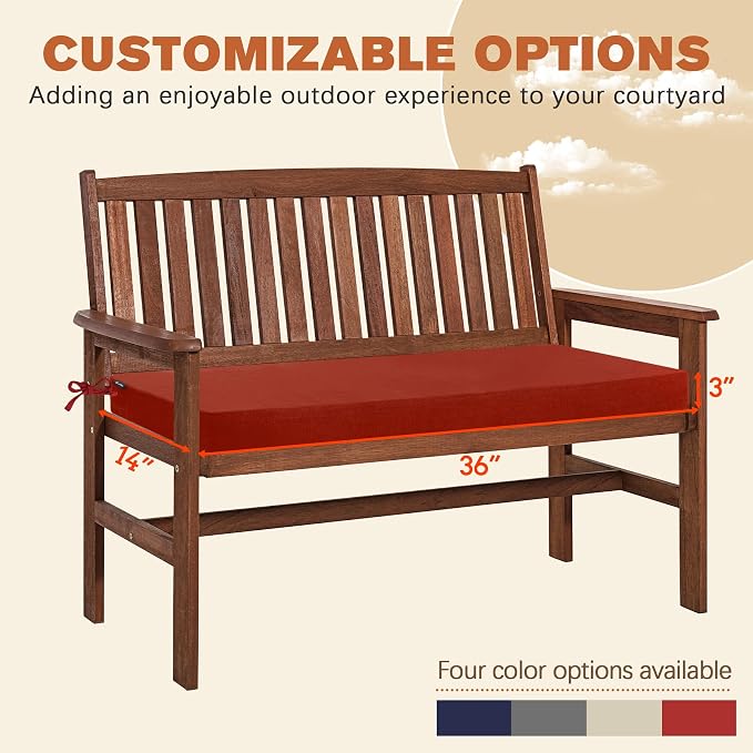 Favoyard Outdoor Bench Cushion 36 x 14 Inch Rainproof Patio Furniture Cushions 3-Year Color Fastness Garden Settee Porch Pads with Ties, Red