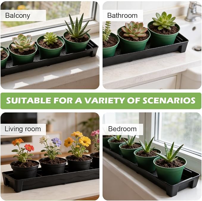 RooTrimmer 10 Pack Plastic Windowsill Saucer (17"x3"x1.5"), Rectangular Window Sill Plant Pot Trays with Removable Drainage Hole, Thick Plant Saucer Tray for 2.8 inch (7CM) Flower Nursery Pots (Black)