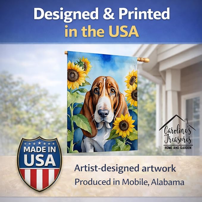Caroline's Treasures DAC6017CHF Basset Hound in Sunflowers House Flag Large Porch Sleeve Pole Decorative Outside Yard Banner Artwork Wall Hanging, Polyester, House Size, Multicolor