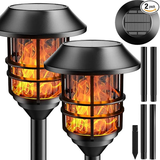 ZOOHAR Solar Pathway Flame Lights - Outdoor Solar LEDs with Metal Construction, Waterproof, Perfect for Gardens, Pathways, Patio, Balcony & Pool, 2 Packs