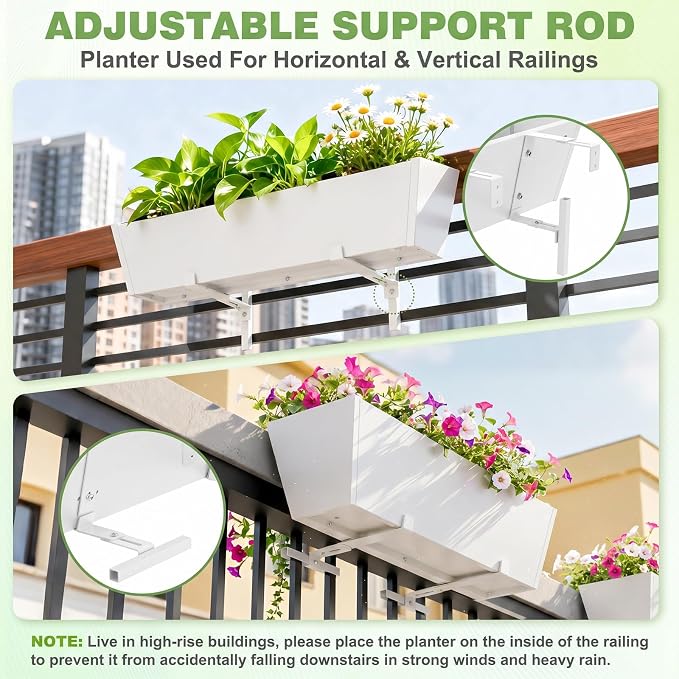 2PC White Railing Planter for Outdoor Plants 36 Inch Metal Hanging Planters Pots with Adjustable Brackets and Drainage Railing Planter Boxes Hanging Flower Pots for Balcony Deck Railings Patio Dec