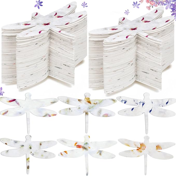Dunzoom 50 Pcs Handmade Seed Paper Plantable Wildflower Seed Paper Recycled Flower Petals Tags Wedding Favors for Guests Craft Gifts Cards for Envelope Birthday Party, 5 Styles (Dragonfly Shape)