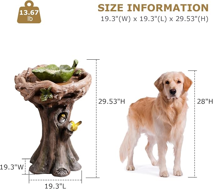 29.53" Tall Water Fountain Outdoor with Birds, Bird Bath Fountain with Removable Feeding Bowl Tree Trunk Design Resin Freestanding Water Fountains for Outside, Garden, Patio, Lawn, Yard