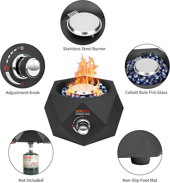 14” Modern Tabletop Fire Pit for Table with Umbrella Hole, Portable Gas Firepit for 1lb Propane Gas, Patio Backyard Porch Camping RV Tailgating, Bottom-Mounted FP003