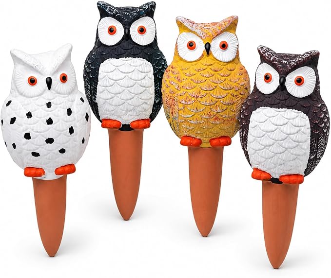 Terracotta Watering Spikes 4 Pack, Cute Self Watering Plant Spikes, Clay Plant Watering Devices, Slow Release Self Watering Planter Insert for Indoor Outdoor Potted Plants (Owl) | Porous terracotta, Top refill design, Decorative owl shape, Easy plant care