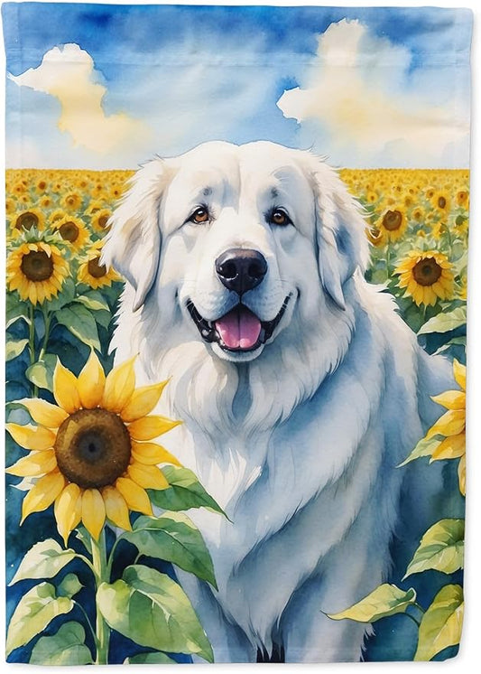 Caroline's Treasures DAC6093CHF Great Pyrenees in Sunflowers House Flag Large Porch Sleeve Pole Decorative Outside Yard Banner Artwork Wall Hanging, Polyester, House Size, Multicolor