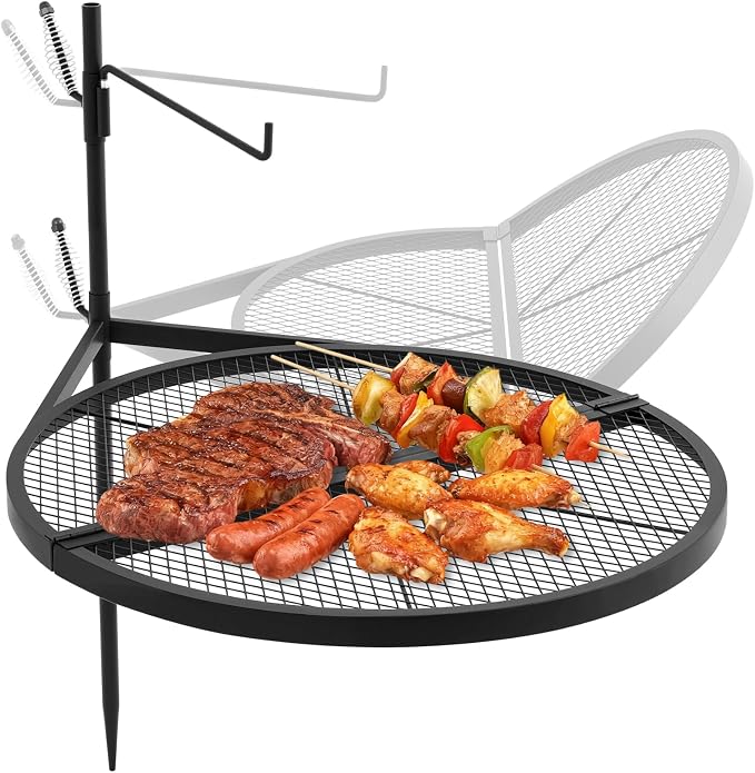 24" Fire Pit Campfire Grill Grate, Foldable Open Fire Cooking Grill Grate Portable Round Camping Cooking Barbecue Rack Heavy-duty, Easy Setup & Adjustable Height for Outdoor Camping BBQ