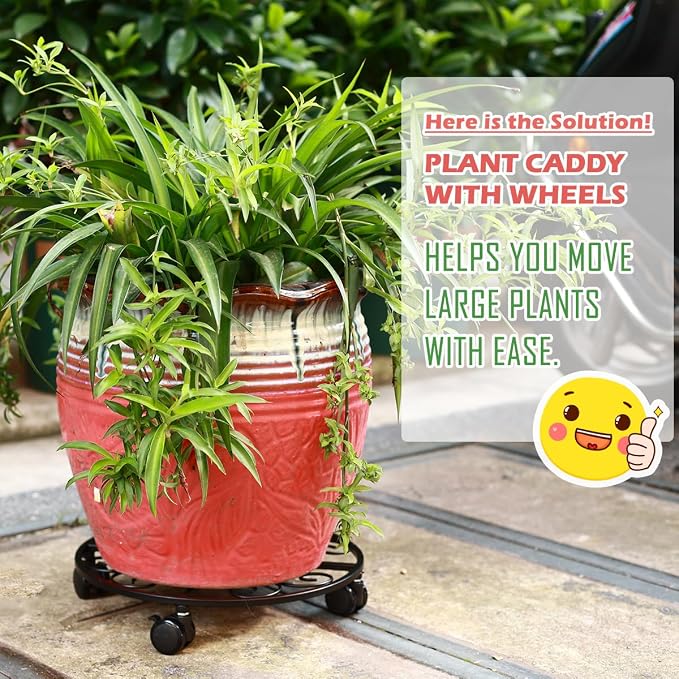 5 Pack Plant Caddy with Wheels Heavy Duty 13.5 Inch Metal Plant Stand on Wheels Plant dolly Rolling Stand Plant Roller with Casters for Indoor and Outdoor with 5 Pack Plastic Saucers, Black