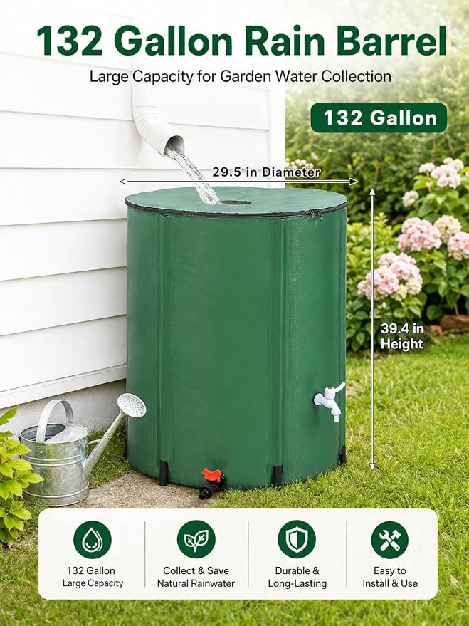 132 Gallon Collapsible Rain Barrel, Portable Rainwater Collection System, Water Storage Tank, Rain Catcher Barrel with Two Spigots and Overflow Kit, Rain Water Barrel Collector for Garden, Green