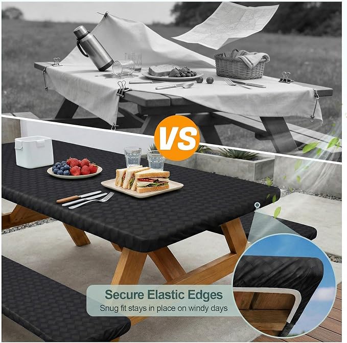Play Tailor Picnic Table Cover with Bench Covers Camping Essentials Waterproof Windproof Camping Tablecloth with Drawstring Bag, Fitted Rectangle Tables and Seats, 72in, Black