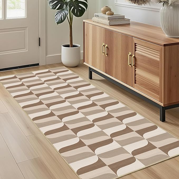Modern Geometric Runner Rug 2x6 for Hallway Kitchen Bedroom Neutral Beige Brown Abstract Mid Century Modern Runner Rugs Machine Washable Non-Slip Print Low Pile Long Floor Carpet for Entryway Bathroom