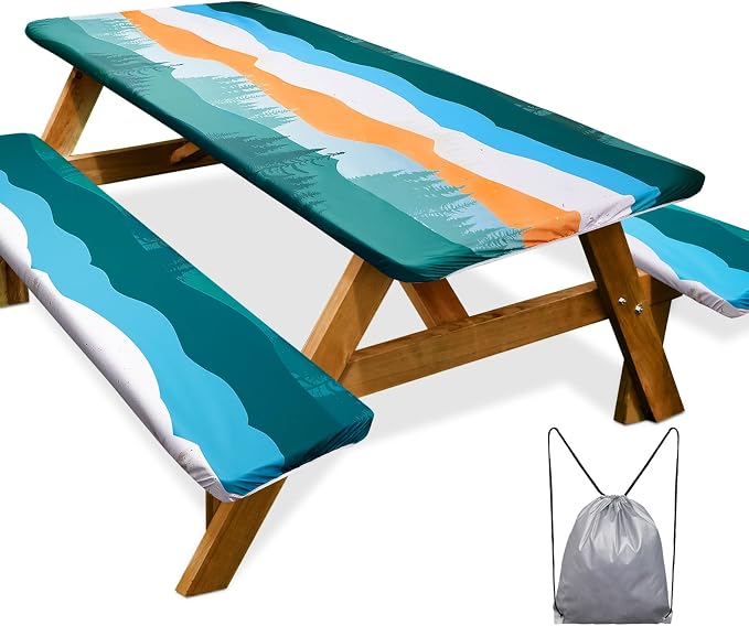 Picnic Table Cover with Bench Covers Camping Essentials Waterproof Windproof Camping Tablecloth with Drawstring Bag, Fitted Rectangle Tables and Seats, 72in, Orange Blue