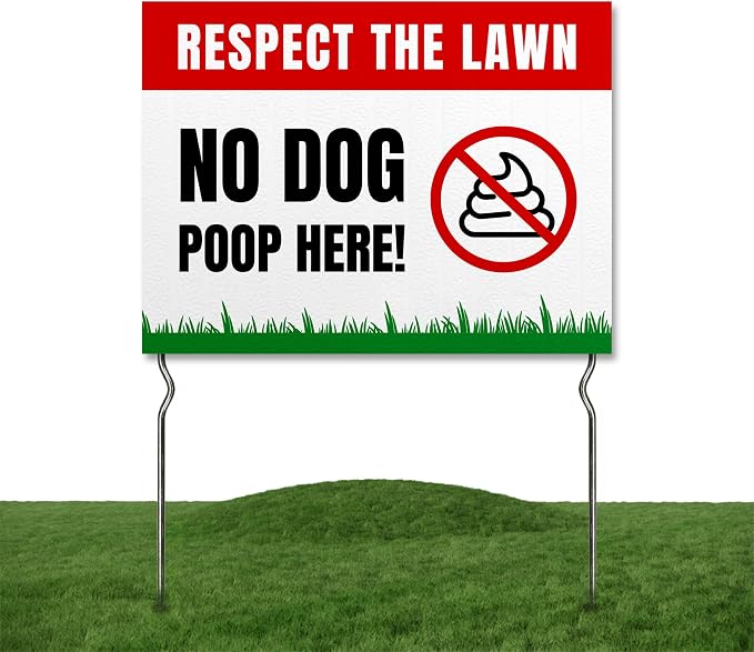Respect the Lawn – No Dog Poop Here! Yard Sign by DC | 24"x18" Double Sided Pets Garden Sign with 13” Metal Stakes | Outdoor Signs Waterproof for Lawn, Patio, Sidewalk & House | Set of 3 | Made in USA