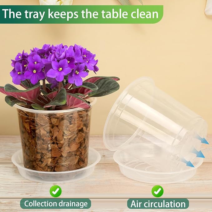 24 Pack 7/6/5 Inch Clear Nursery Pots with Drainage and Saucers, Clear Plastic Plant Pots for Plants, Seed Starting Pots