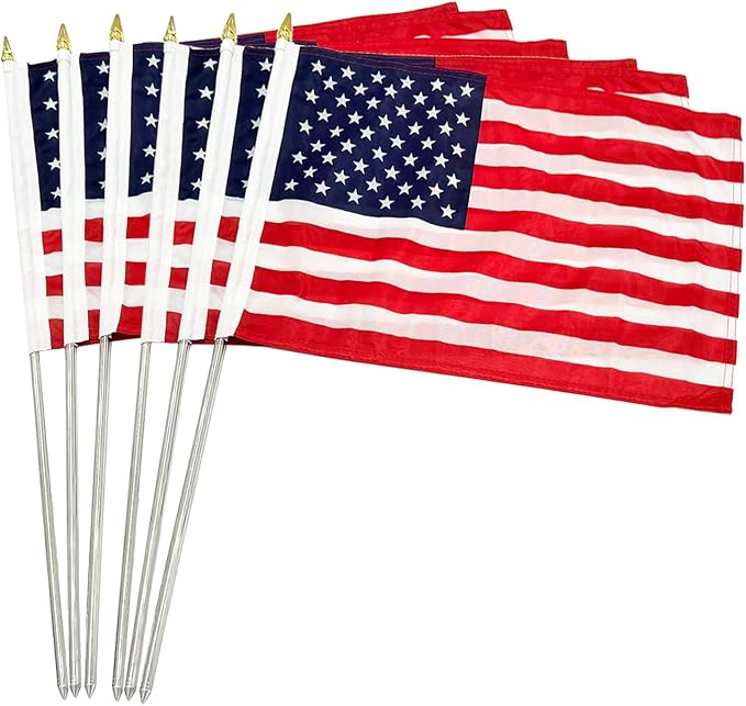 TOPFLAGS 12x18 Small American Flag on Stick 6 Pack Mini US Flags 12x18 Inch Metal Handheld Pole for Outside 4th of July Memorial Day USA 250th Anniversary Patriotic Decorations