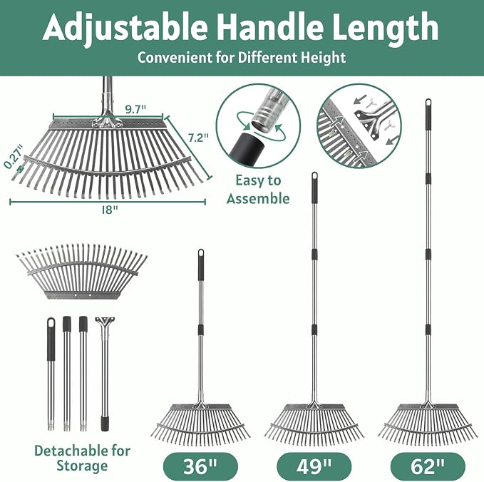 Garden Rake for Leaves with Leaf Bag & Gloves - 65 Inch Adjustable 25 Tines Metal Rake Set with 72 Gallon Reusable Yard Waste Bags for Gardening Lawns Outdoor Camping Shrub Grass Bush