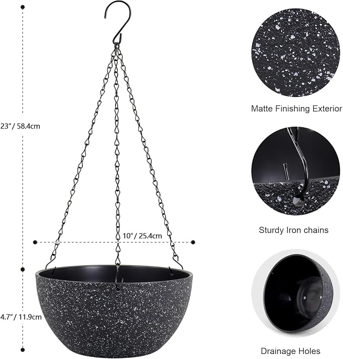 Meowell 10 inch Hanging Planters for Indoor Outdoor Plants, 2 Pack Hanging Flower Plant Pots with Drainage Holes and Chain for Garden Porch, Plastic Hanging Baskets for House Plants, Speckled Black