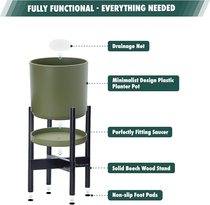 D'vine Dev Planter Pot with Stand - 16 Inch Plastic Cylinder Flower Pot with Wood Planter Holder for Indoor, Olive Pot + Ebony Stand, 55-C-Z-3