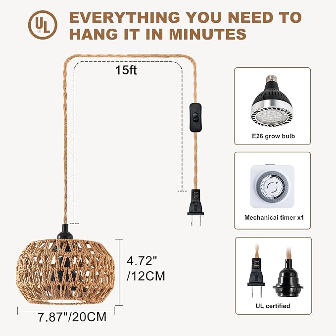 Grow Lights for Indoor Plants, Boho Plants Light, with 24H Timer and 15FT Power Cord, 30W Pendant Plant Lights for Indoor Growing,Grow Light for Garden, Flowers, Green Leaf Growing