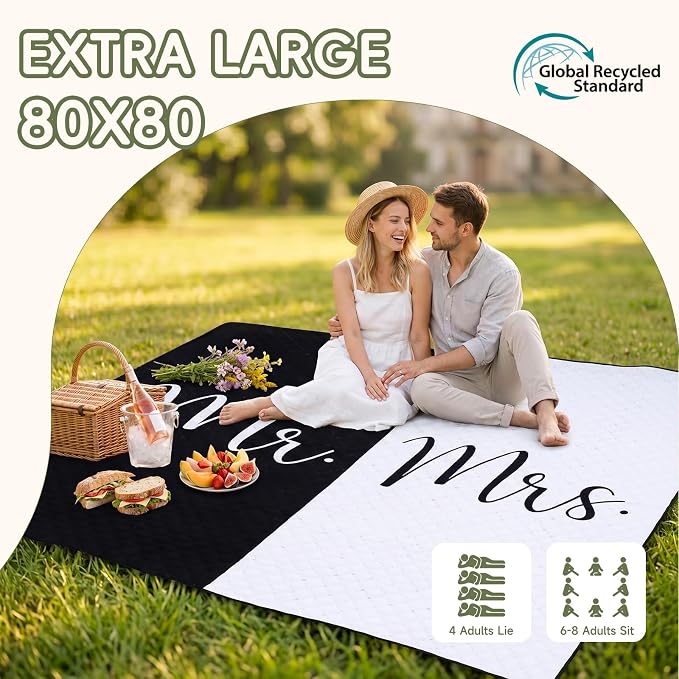 Waterproof Beach Blanket Picnic Outdoor Mat Bridal Shower Gifts Registry Bride Groom Name Newly Wed Must Haves Engagement Party Stuff Marriage Newlywed Couple Mr Mrs Honeymoon Elopement Essential