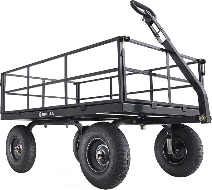 Gorilla Carts Steel Utility Cart, 9 Cu Ft Bed, 1200 lb Load Capacity, Black – Towable Heavy-Duty Outdoor Hauling Wagon with Removable Side Panels for Yard, Lawn, Garden or Landscaping