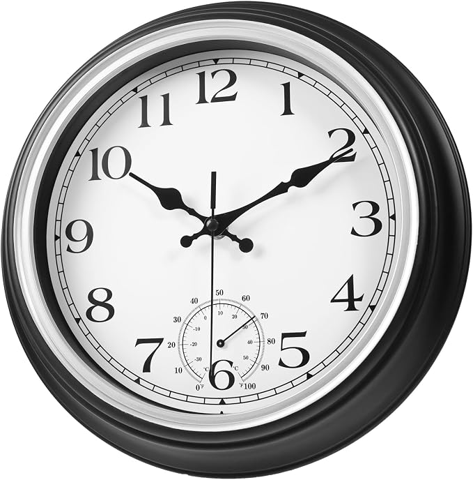 JoFomp Large Waterproof Outdoor Clock with Thermometer Combo - 12 inch Silent Non Ticking Quartz Battery Operated Wall Clock for Patio, Home, Pool, Garden, Porch, Deck (Silver, 12 Inch)