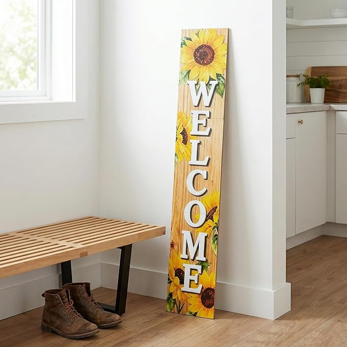Vertical Wood Welcome Sign for Front Porch Vertical Decorative Sign Front Door Outdoor Indoor Welcome Sign 47.2x7.8 Inch Sunflower Outdoor Decor for Summer Front Porch Decorations.
