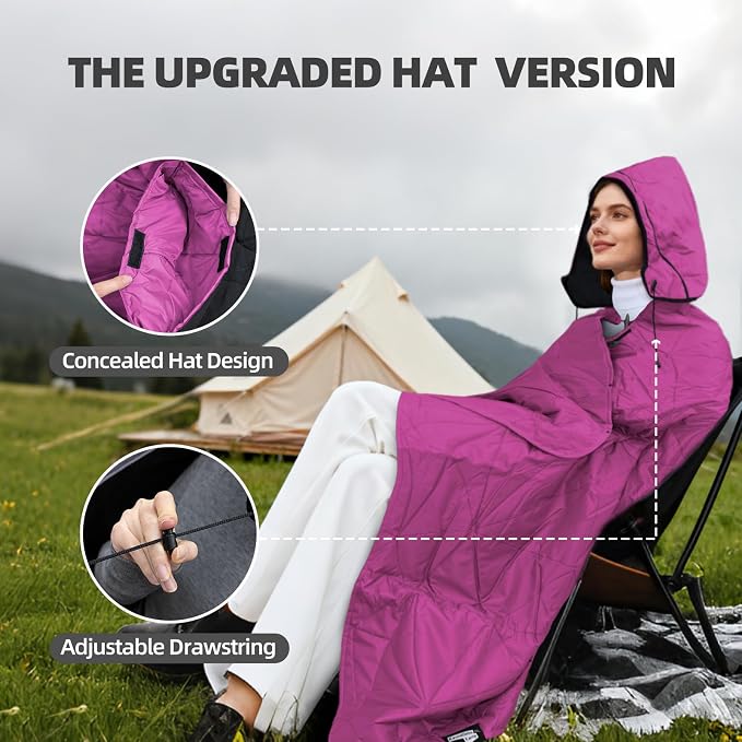 Large Waterproof Outdoor Blanket Thick Fleece 80" x 58" | Windproof Stadium Blanket, Wearable Poncho, Machine Washable for Camping, Car, Pet, Picnics - Rose Purple Hooded