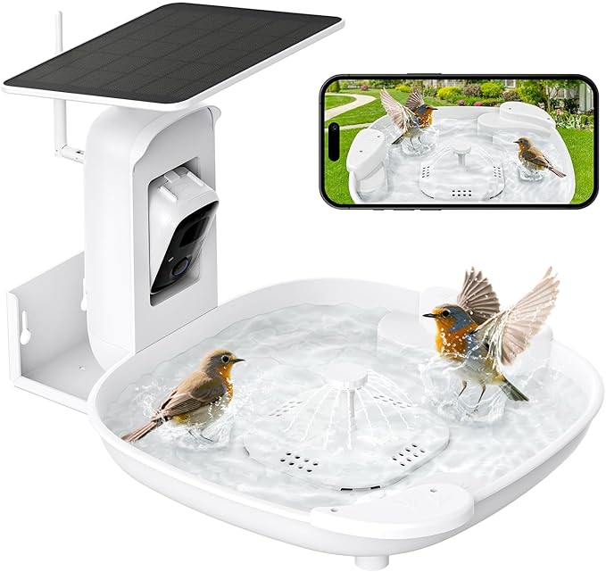 HARYMOR Bird Bath with Camera, Automatic Water Flowing, 2K Bird Camera Captures Bird Activity, Arrival Alerts, Smart AI Identifies Species, Live Video, Solar-Powered, Unheated—Enjoy Watching Birds