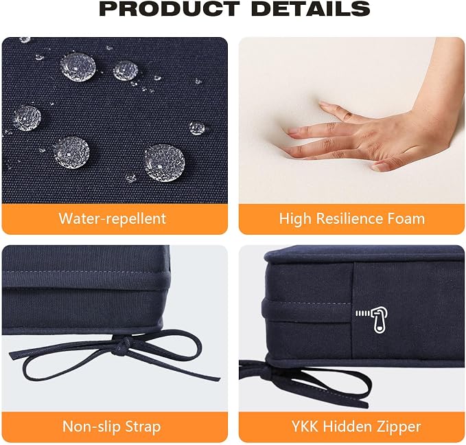 Sunbrella Square Corner Seat Cushions, 19" x 19" x 3", Set of 4, Indoor Outdoor Water Repellent Universal Chair Pads with Ties for Patio Furniture, Garden Deck Dining Chairs, Canvas Navy Blue