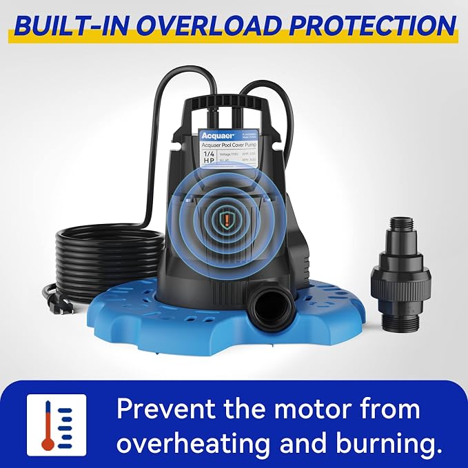 Acquaer 1/4 HP Automatic Pool Cover Pump, 2950 GPH, 115V, 25ft Cord | Submersible Water Pump with 3/4” Check Valve Adapter & 25ft Power Cord, Water Removal for Pool, Hot Tubs, Rooftops, Water Bed