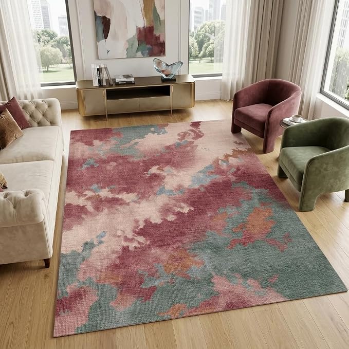 5x7 Pink, Green and Cream Modern Abstract Watercolor Area Rug | Washable non-slip low-pile faux cashmere rug for living rooms, bedrooms and home offices; soft, foldable and easy to clean.