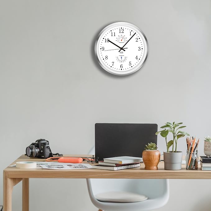 HITO 12 Inch Silent Wall Clock Battery Operated Non Ticking Glass Cover Silver Aluminum Frame, for Living Room Decor, Kitchen, Bedroom, Home Office (12" White)