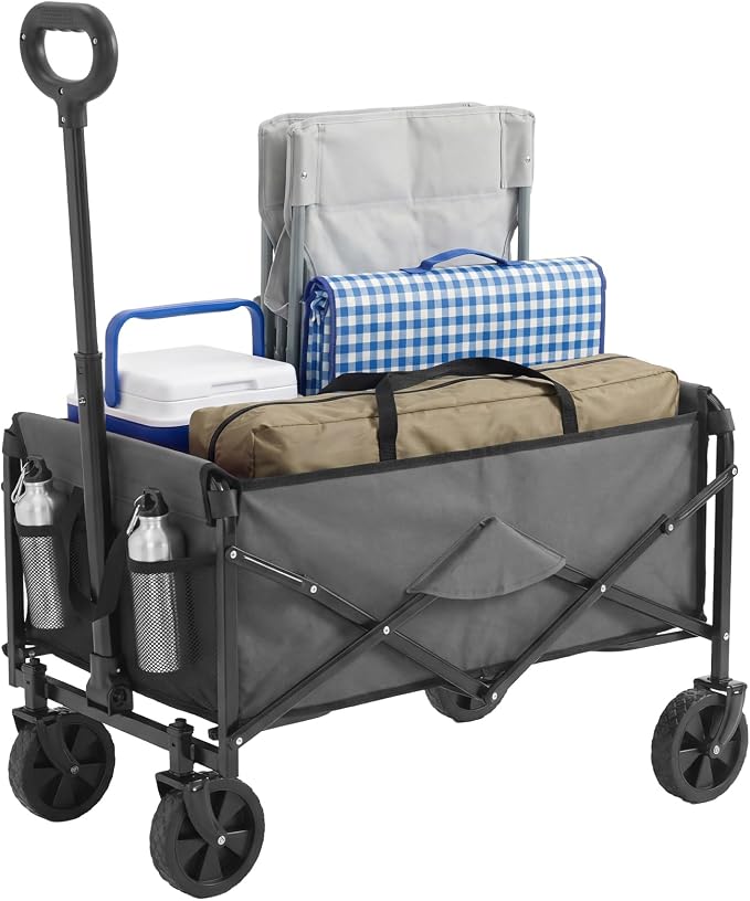 OLIXIS Collapsible Wagon 67L Compact Lightweight Utility Folding Wagon Cart with Wheels – 220 lbs Weight Capacity, Flexible Handle for Beach, Grocery, Camping, Shopping, Sports & Garden, Gray