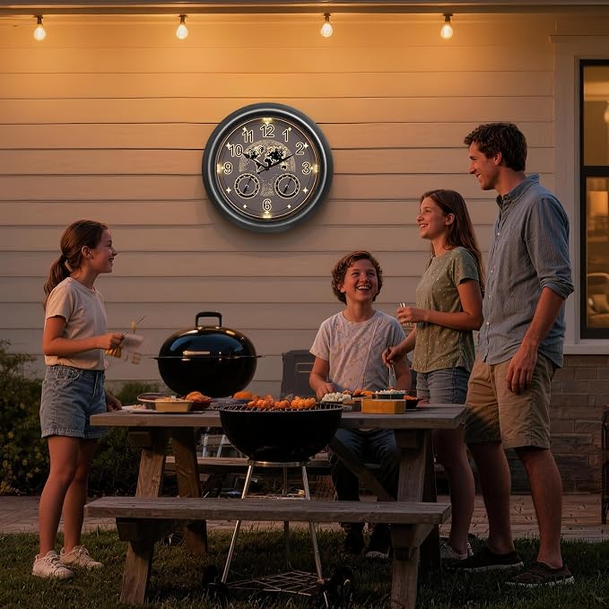Pytha Sight Illuminated Large Indoor Outdoor Clocks Waterproof 18 Inch with Smart Night Light Sensor,Star World Map Design with Thermometer & Hygrometer for Patio, Pool, Garden,Housewarming Gift